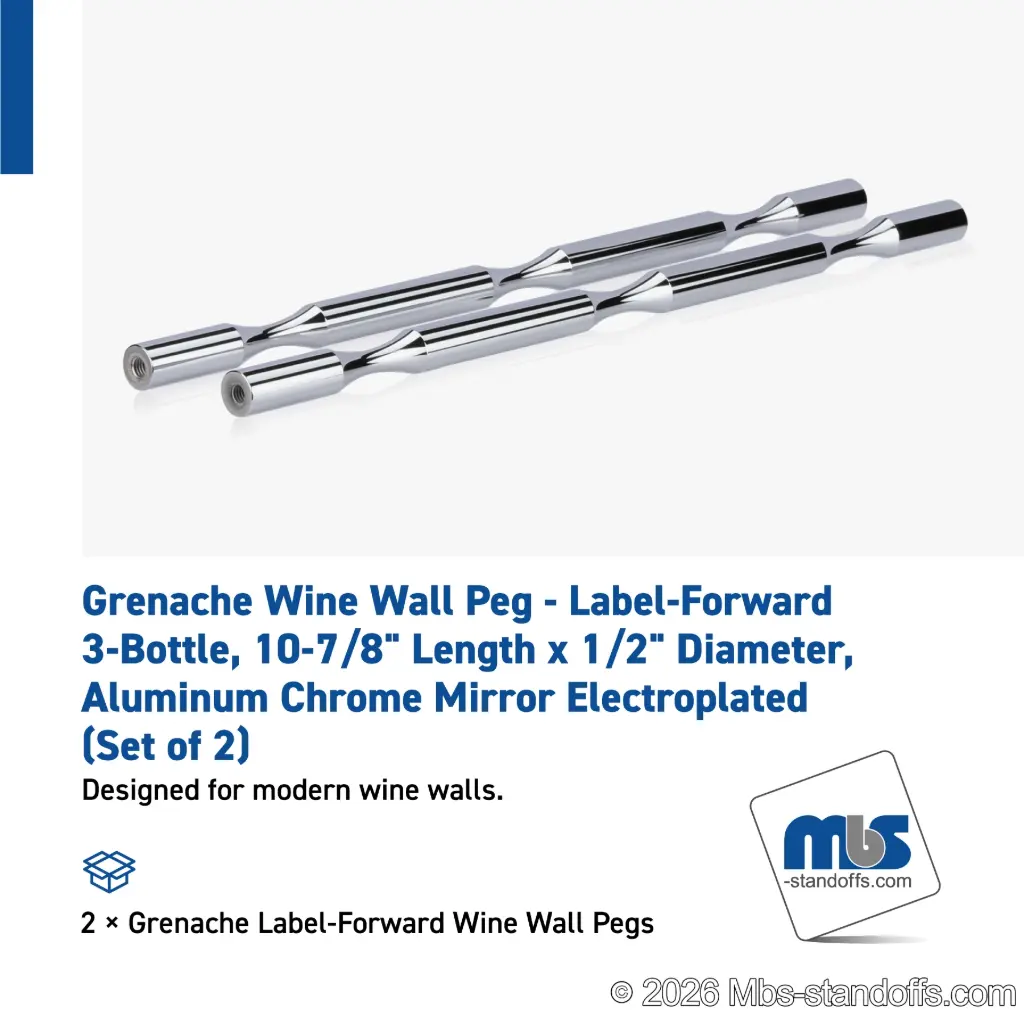 Grenache Wine Wall Peg - Label-Forward 3-Bottle, 9-1/2" Length x 1/2" Diameter, Aluminum Chrome Mirror Electroplated (Set of 2)