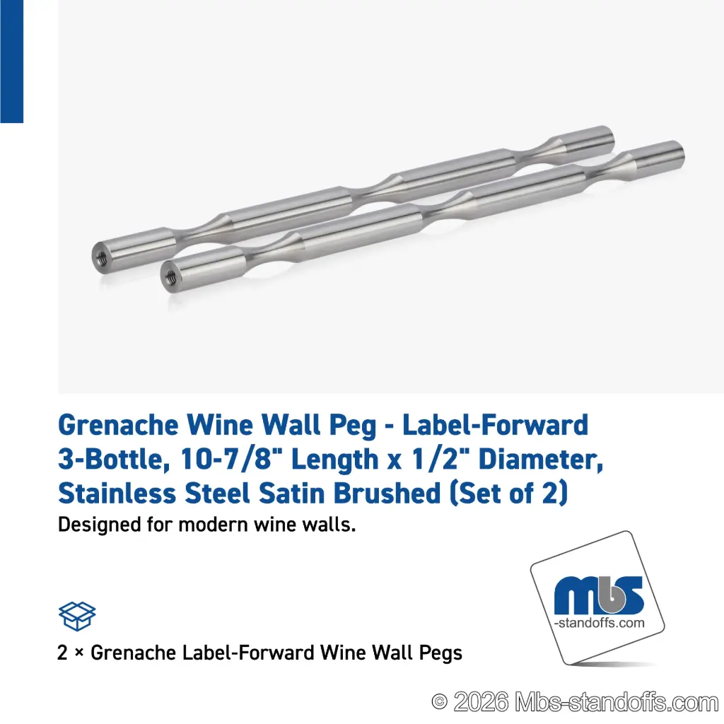 Grenache Wine Wall Peg - Label-Forward 3-Bottle, 9-1/2" Length x 1/2" Diameter, Stainless Steel Satin Brushed (Set of 2)