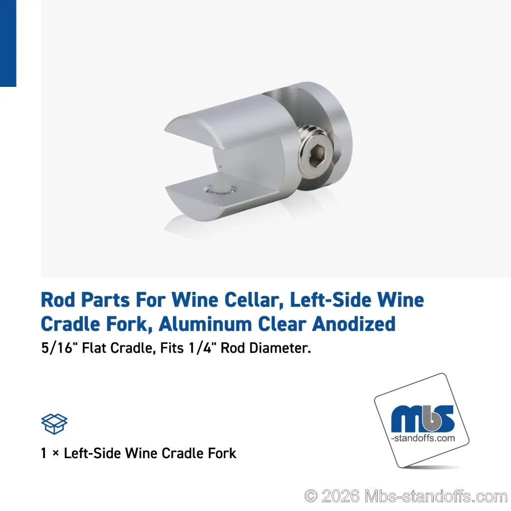 Left-Side Wine Cradle Fork - 5/16" Flat Cradle, Fits 1/4" Rod, Aluminum Clear Anodized