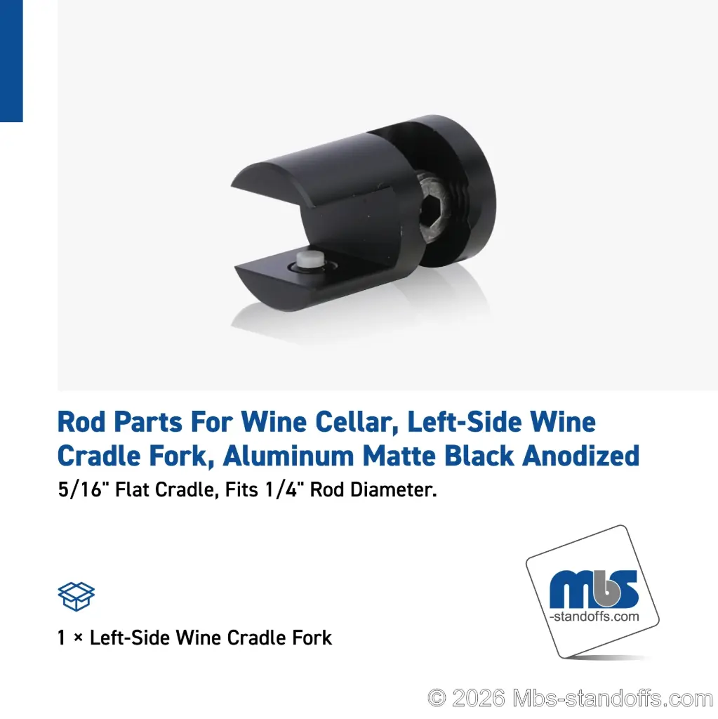 Left-Side Wine Cradle Fork - 5/16" Flat Cradle, Fits 1/4" Rod, Aluminum Matte Black Anodized