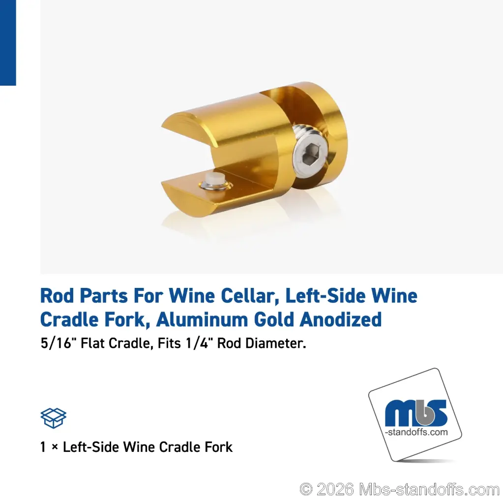 Left-Side Wine Cradle Fork - 5/16" Flat Cradle, Fits 1/4" Rod, Aluminum Gold Anodized