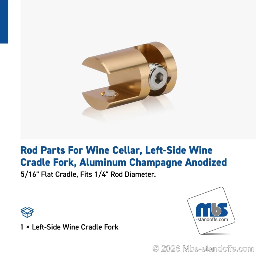 Left-Side Wine Cradle Fork - 5/16" Flat Cradle, Fits 1/4" Rod, Aluminum Champagne Anodized