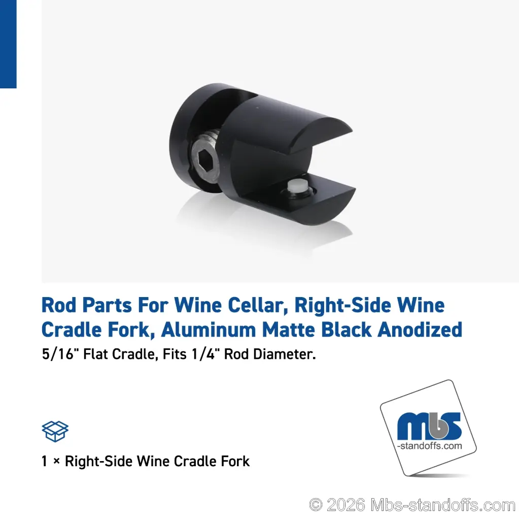 Right-Side Wine Cradle Fork - 5/16" Flat Cradle, Fits 1/4" Rod, Aluminum Matte Black Anodized
