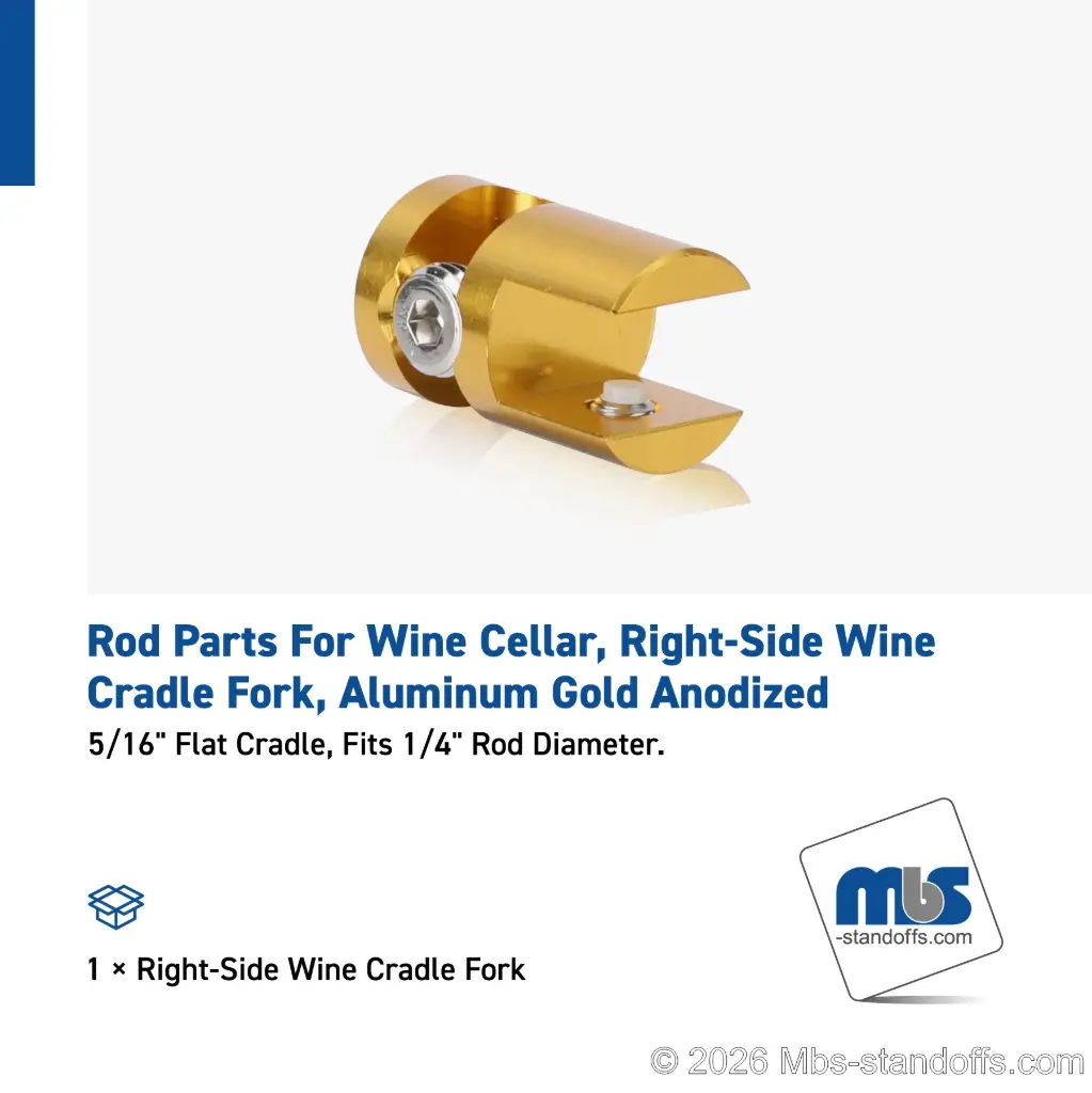 Right-Side Wine Cradle Fork - 5/16" Flat Cradle, Fits 1/4" Rod, Aluminum Gold Anodized