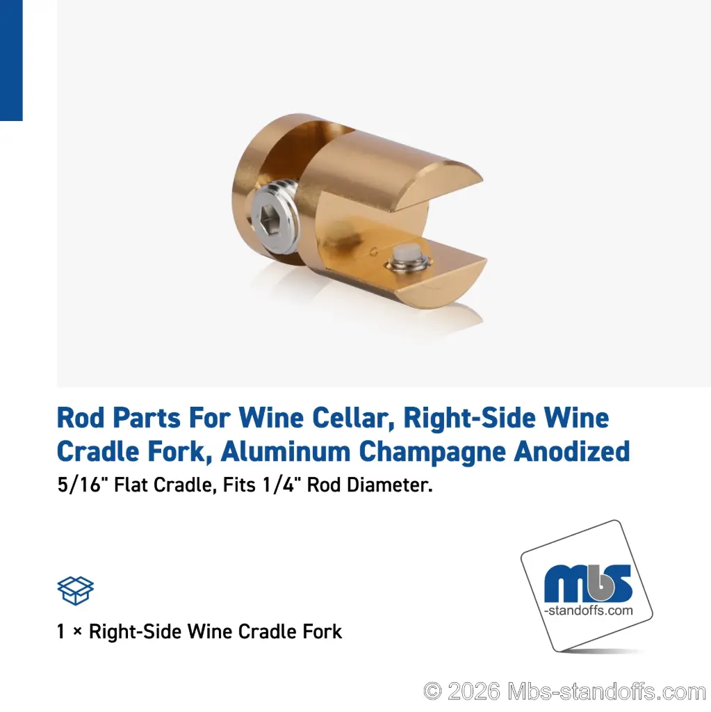 Right-Side Wine Cradle Fork - 5/16" Flat Cradle, Fits 1/4" Rod, Aluminum Champagne Anodized