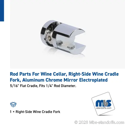 [CFR85R3CP] Right-Side Wine Cradle Fork - 5/16" Flat Cradle, Fits 1/4" Rod, Aluminum Chrome Mirror Electroplated