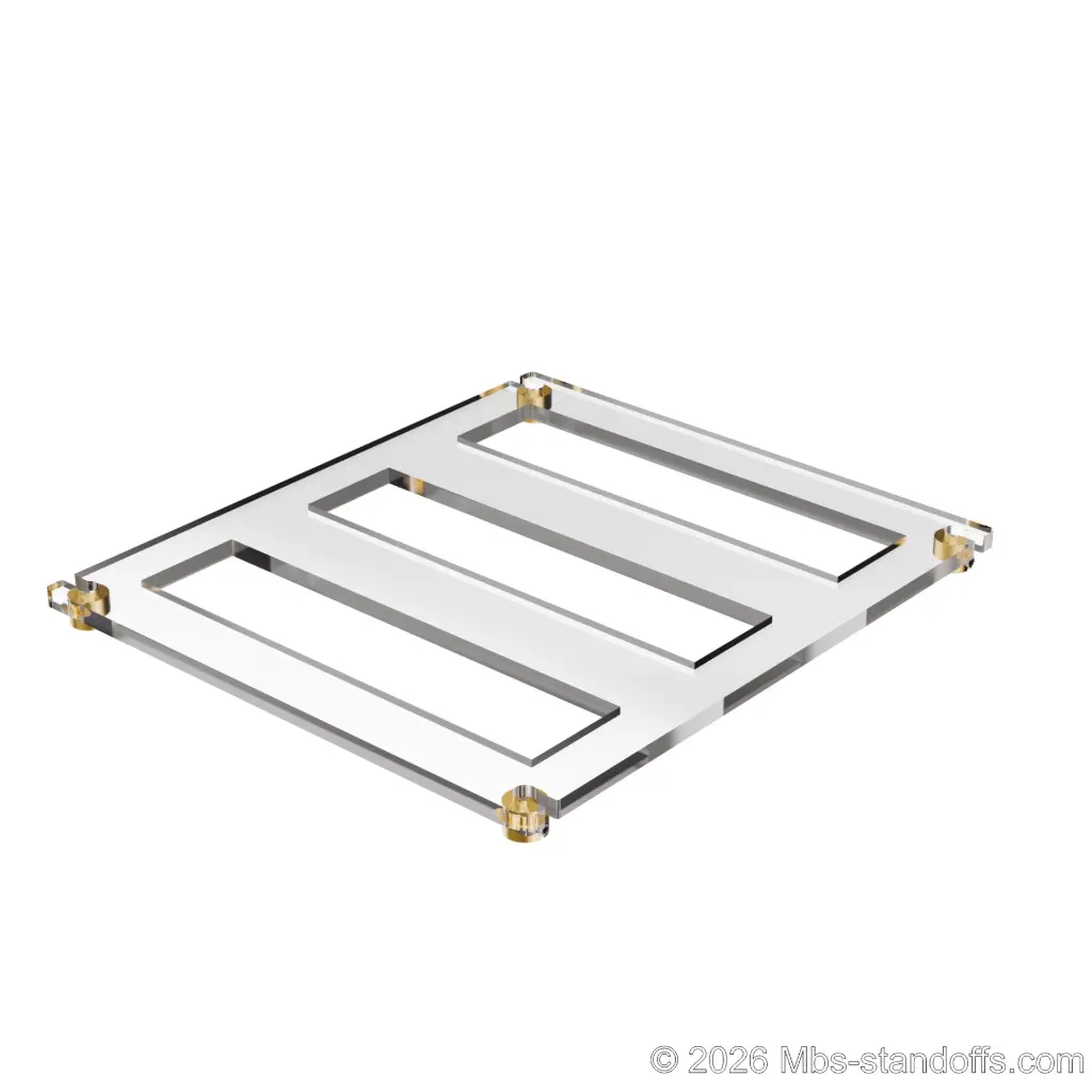The Sauvignon Collection 3-bottles Flat Acrylic Cradle - Champagne Anodized Forks for 1/16" Cable | Floating Wine Cable Display System