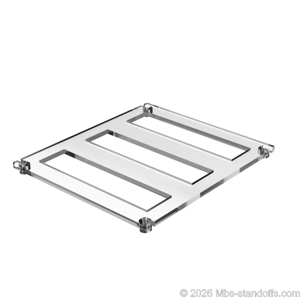 The Sauvignon Collection 3-bottles Flat Acrylic Cradle - Chrome Mirror Electroplated Forks for 1/16" Cable | Floating Wine Cable Display System