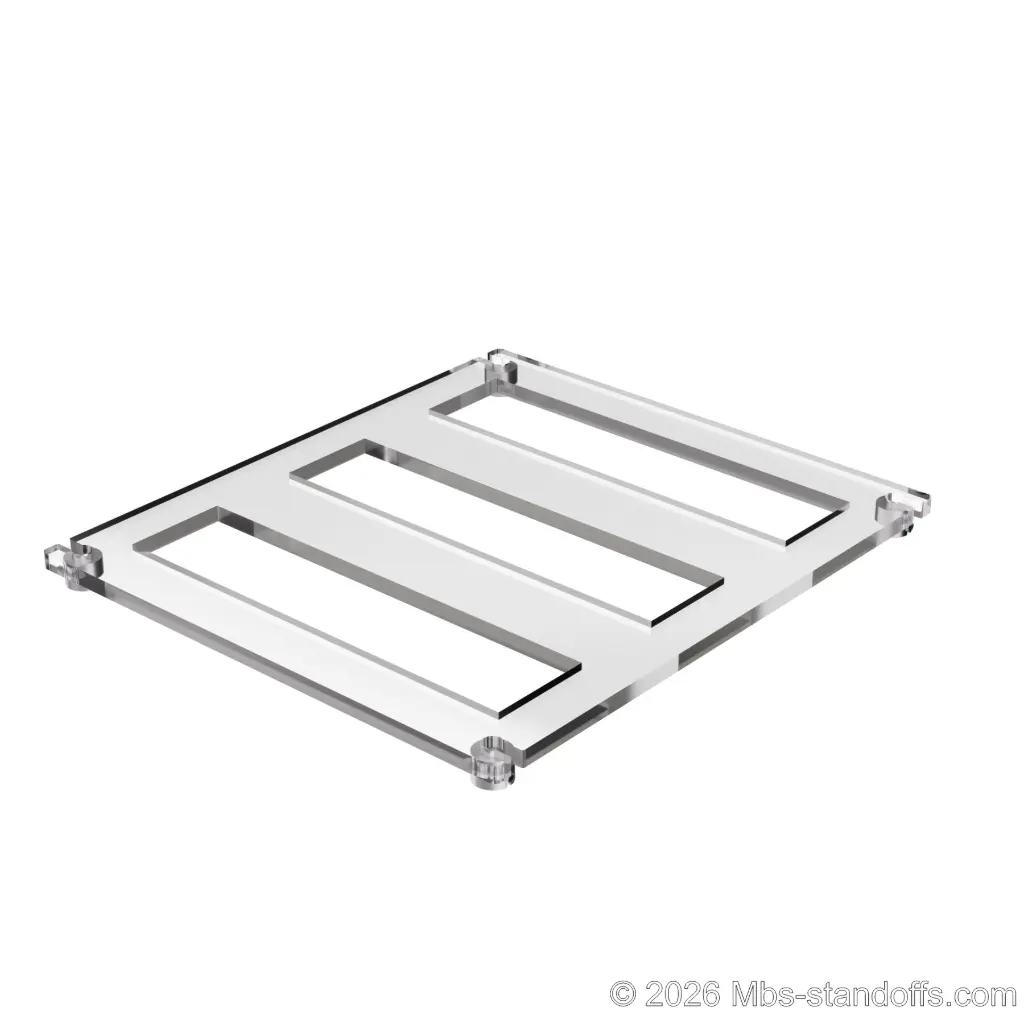 The Sauvignon Collection 3-bottles Flat Acrylic Cradle - Satin Brushed Forks for 1/16" Cable | Floating Wine Cable Display System