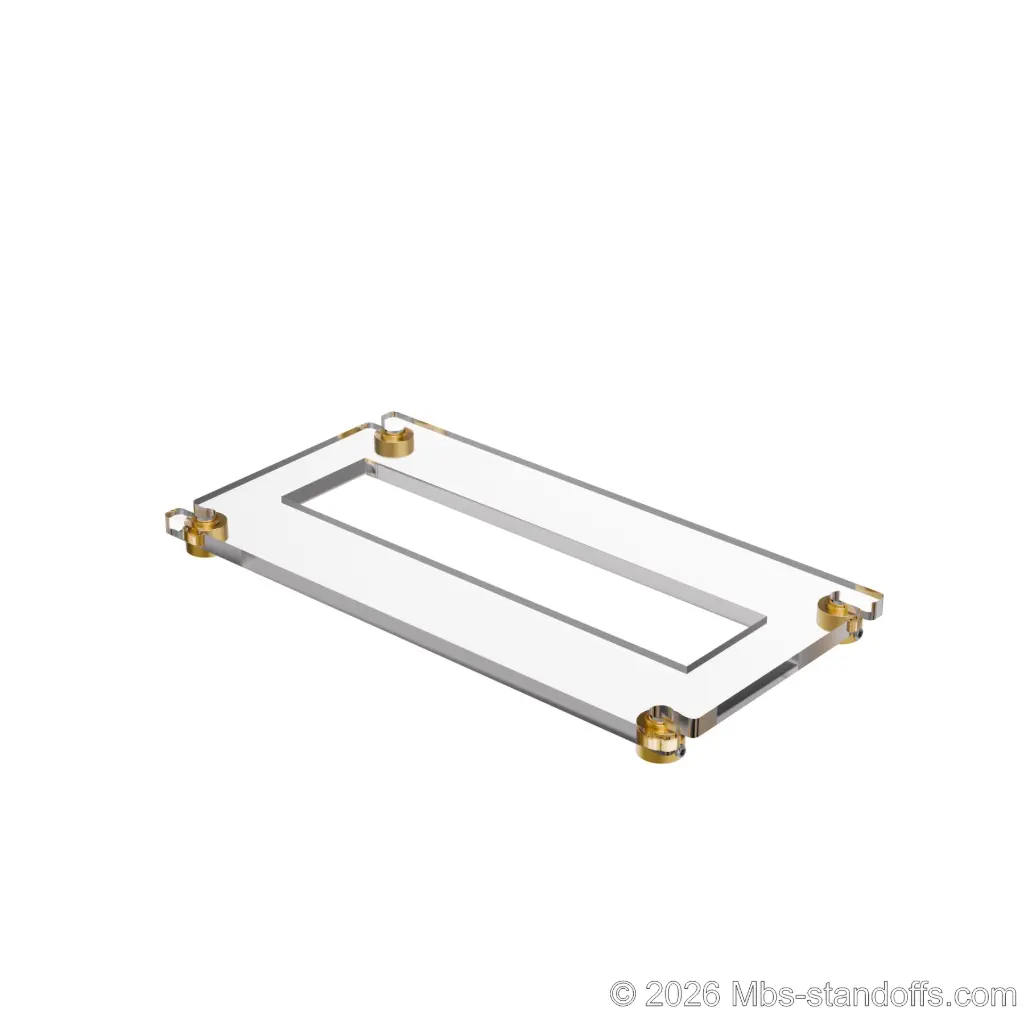 The Chablis Collection 1-Bottle Flat Acrylic Cradle - Champagne Anodized Forks for 1/4" Rod | Floating Wine Cable Display System