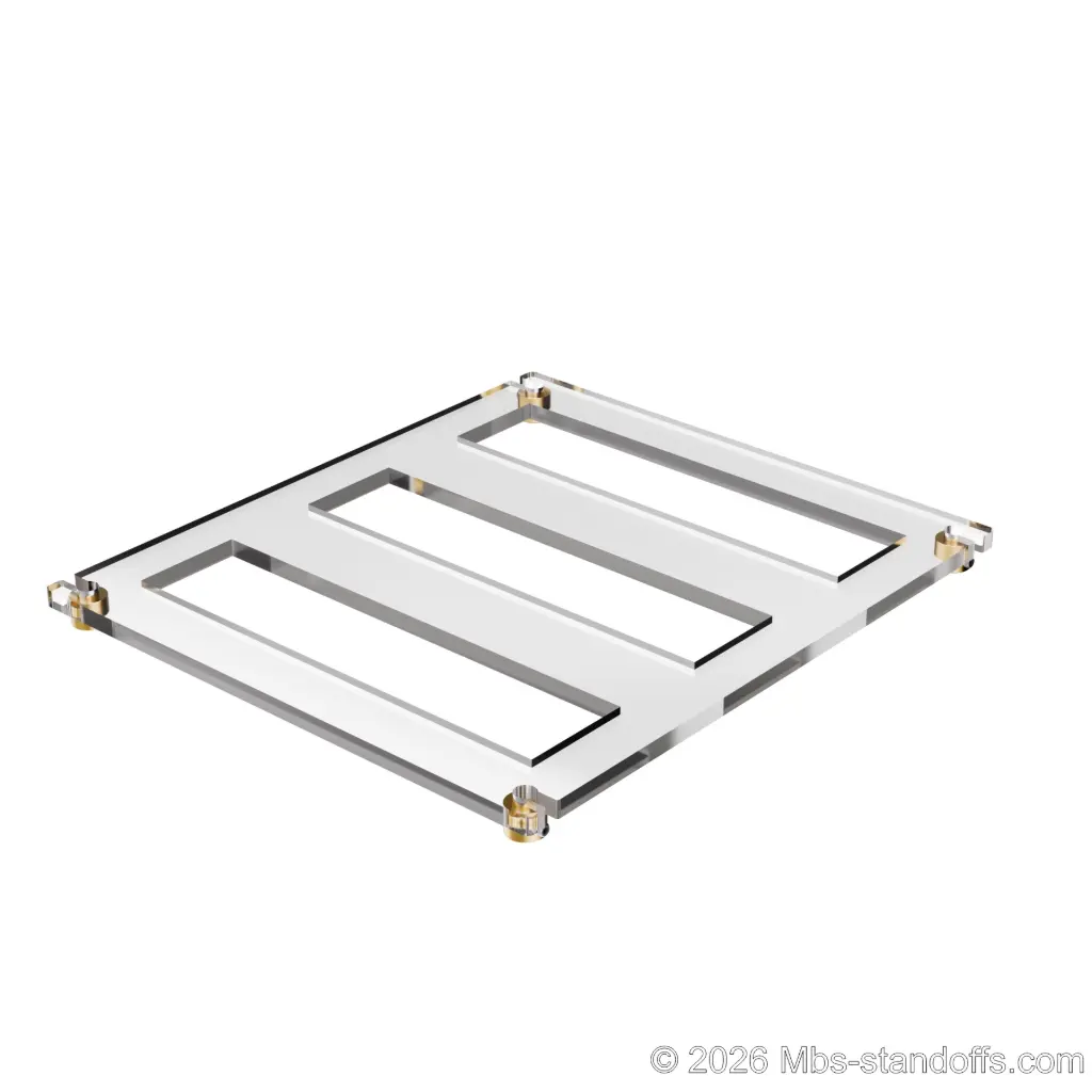 The Chablis Collection 3-bottles Flat Acrylic Cradle - Champagne Anodized Forks for 1/4" Rod | Floating Wine Cable Display System