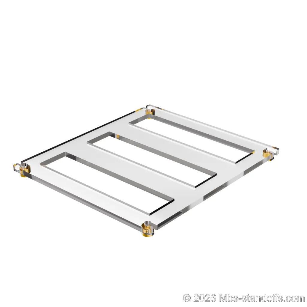 The Chablis Collection 3-bottles Flat Acrylic Cradle - Gold Anodized Forks for 1/4" Rod | Floating Wine Cable Display System