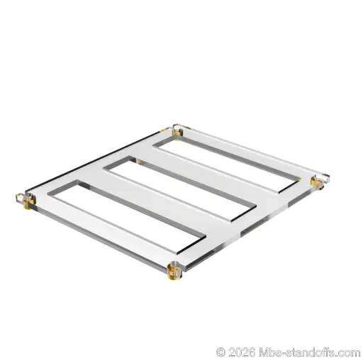 [CF03RG] The Sauvignon Collection 3-bottles Flat Acrylic Cradle - Gold Anodized Forks for 1/4" Rod | Floating Wine Cable Display System
