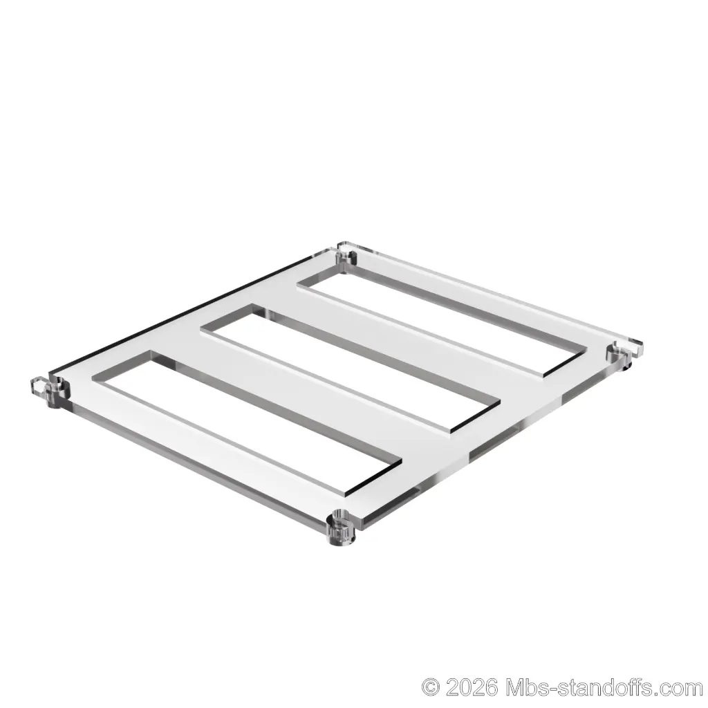 The Chablis Collection 3-bottles Flat Acrylic Cradle - Chrome Mirror Electroplated Forks for 1/4" Rod | Floating Wine Cable Display System