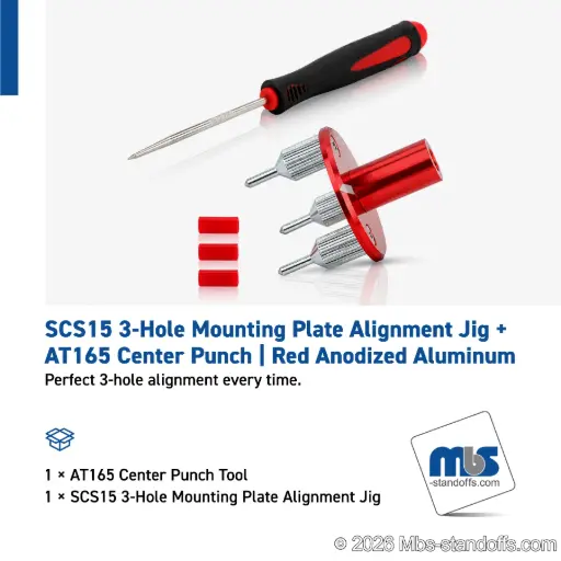 [SCS15-IJ-AT165] SCS15 3-Hole Mounting Plate Alignment Jig + AT165 Center Punch | Red Anodized Aluminum