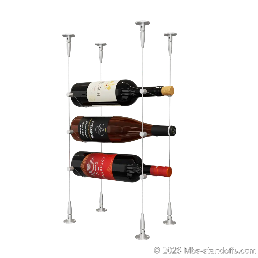 Cabernet - Bourgueil Collection Bottle Display Cable Kit, 3-Bottle Capacity, Floating Adjustable-Angle Aluminum Signature System, Cable: 1/16″ Diameter, 13′-1″ Length with Clear Anodized Hanger