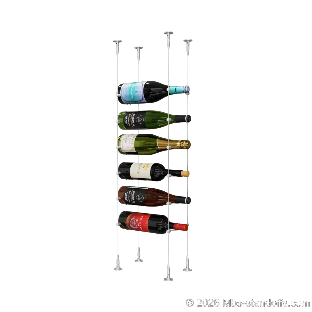 Cabernet - Bourgueil Collection Bottle Display Cable Kit, 6-Bottle Capacity, Floating Adjustable-Angle Aluminum Signature System, Cable: 1/16″ Diameter, 13′-1″ Length with Clear Anodized Hanger