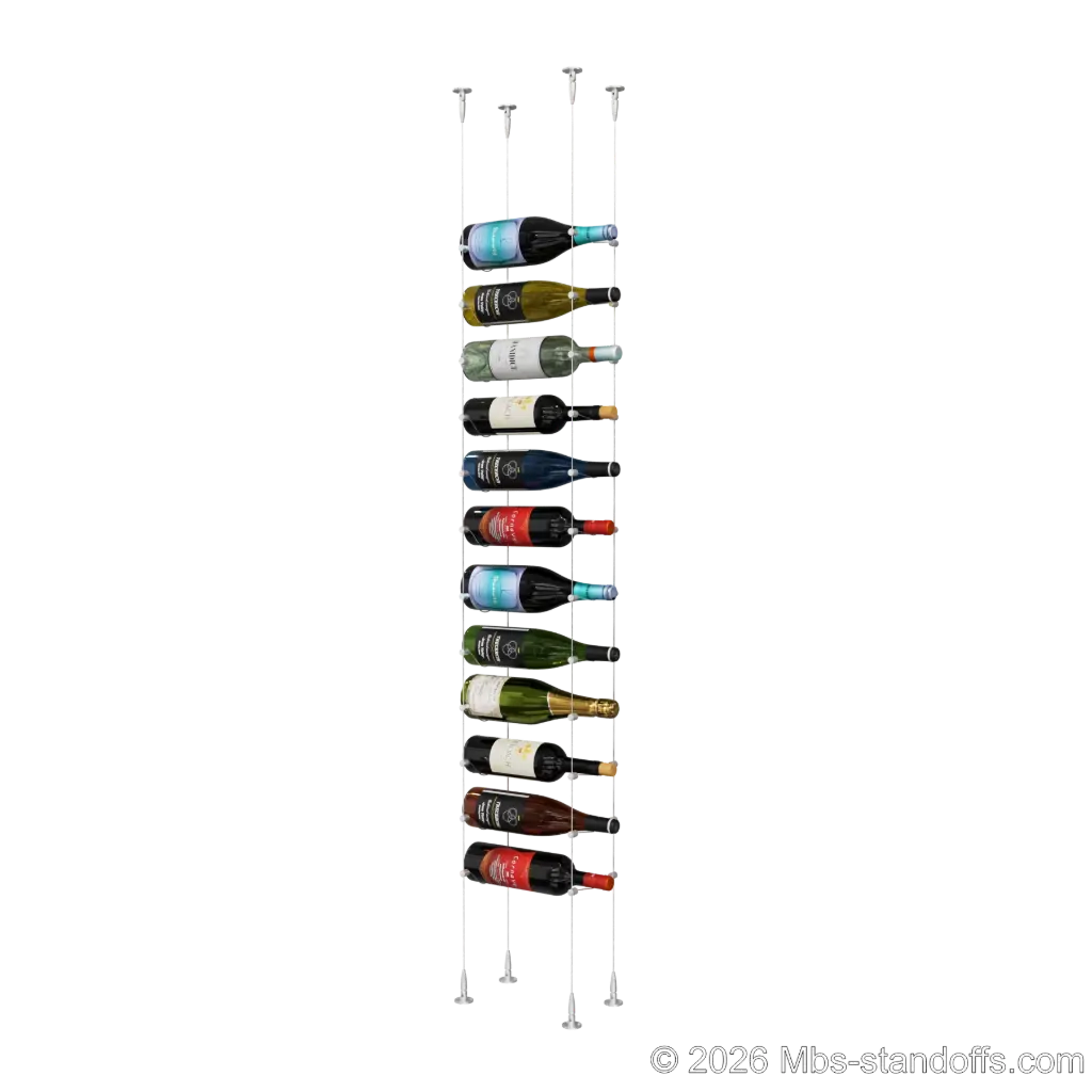 Cabernet - Bourgueil Collection Bottle Display Cable Kit, 12-Bottle Capacity, Floating Adjustable-Angle Aluminum Signature System, Cable: 1/16″ Diameter, 13′-1″ Length with Clear Anodized Hanger