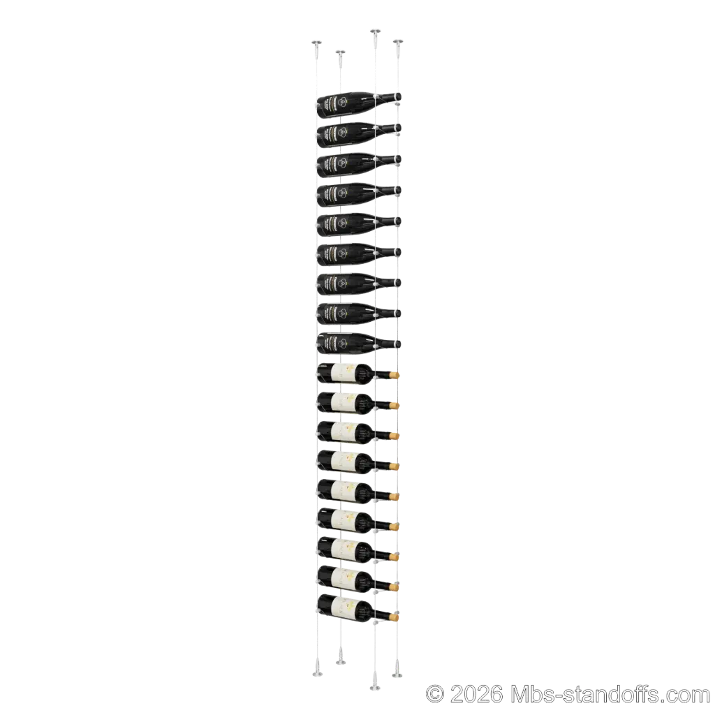 Cabernet - Bourgueil Collection Bottle Display Cable Kit, 18-Bottle Capacity, Floating Adjustable-Angle Aluminum Signature System, Cable: 1/16″ Diameter, 13′-1″ Length with Clear Anodized Hanger