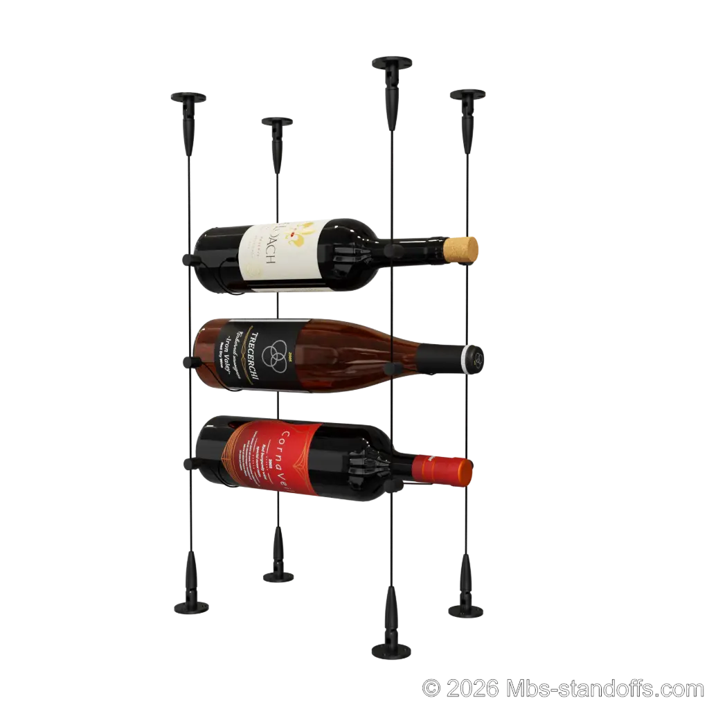 Cabernet - Bourgueil Collection Bottle Display Cable Kit, 3-Bottle Capacity, Floating Adjustable-Angle Aluminum Signature System, Cable: 1/16″ Diameter, 13′-1″ Length with Matte Black Anodized Hanger