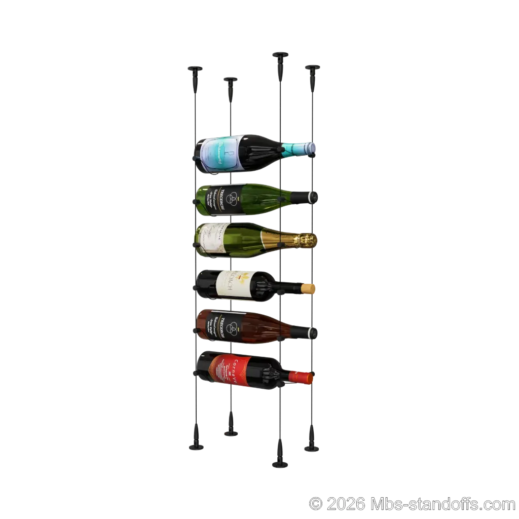 Cabernet - Bourgueil Collection Bottle Display Cable Kit, 6-Bottle Capacity, Floating Adjustable-Angle Aluminum Signature System, Cable: 1/16″ Diameter, 13′-1″ Length with Matte Black Anodized Hanger