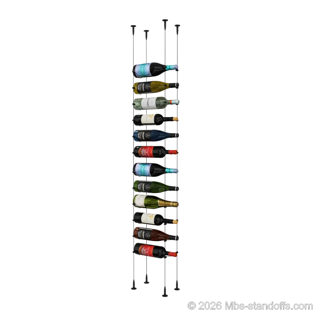 Cabernet - Bourgueil Collection Bottle Display Cable Kit, 12-Bottle Capacity, Floating Adjustable-Angle Aluminum Signature System, Cable: 1/16″ Diameter, 13′-1″ Length with Matte Black Anodized Hanger