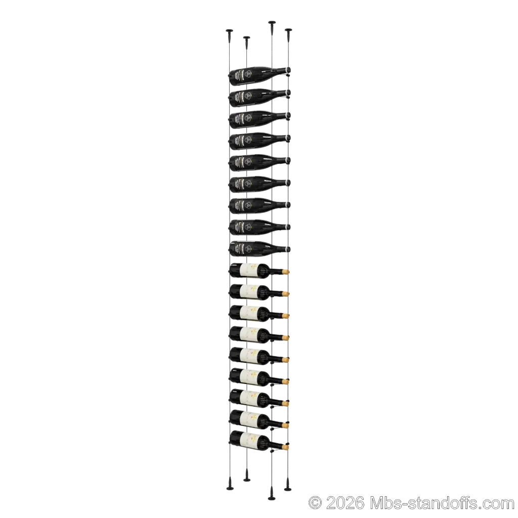 Cabernet - Bourgueil Collection Bottle Display Cable Kit, 18-Bottle Capacity, Floating Adjustable-Angle Aluminum Signature System, Cable: 1/16″ Diameter, 13′-1″ Length with Matte Black Anodized Hanger