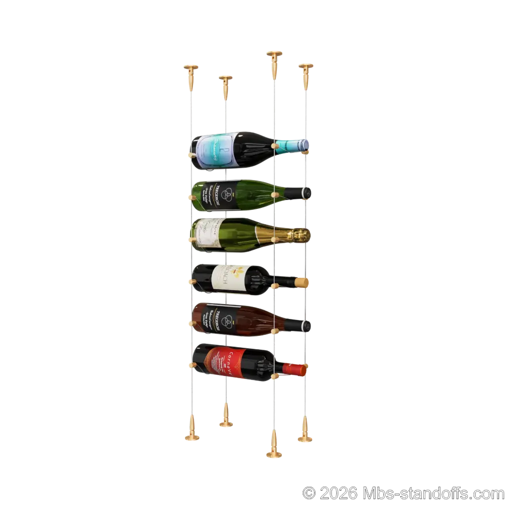 Cabernet - Bourgueil Collection Bottle Display Cable Kit, 6-Bottle Capacity, Floating Adjustable-Angle Aluminum Signature System, Cable: 1/16″ Diameter, 13′-1″ Length with Champagne Anodized Hanger