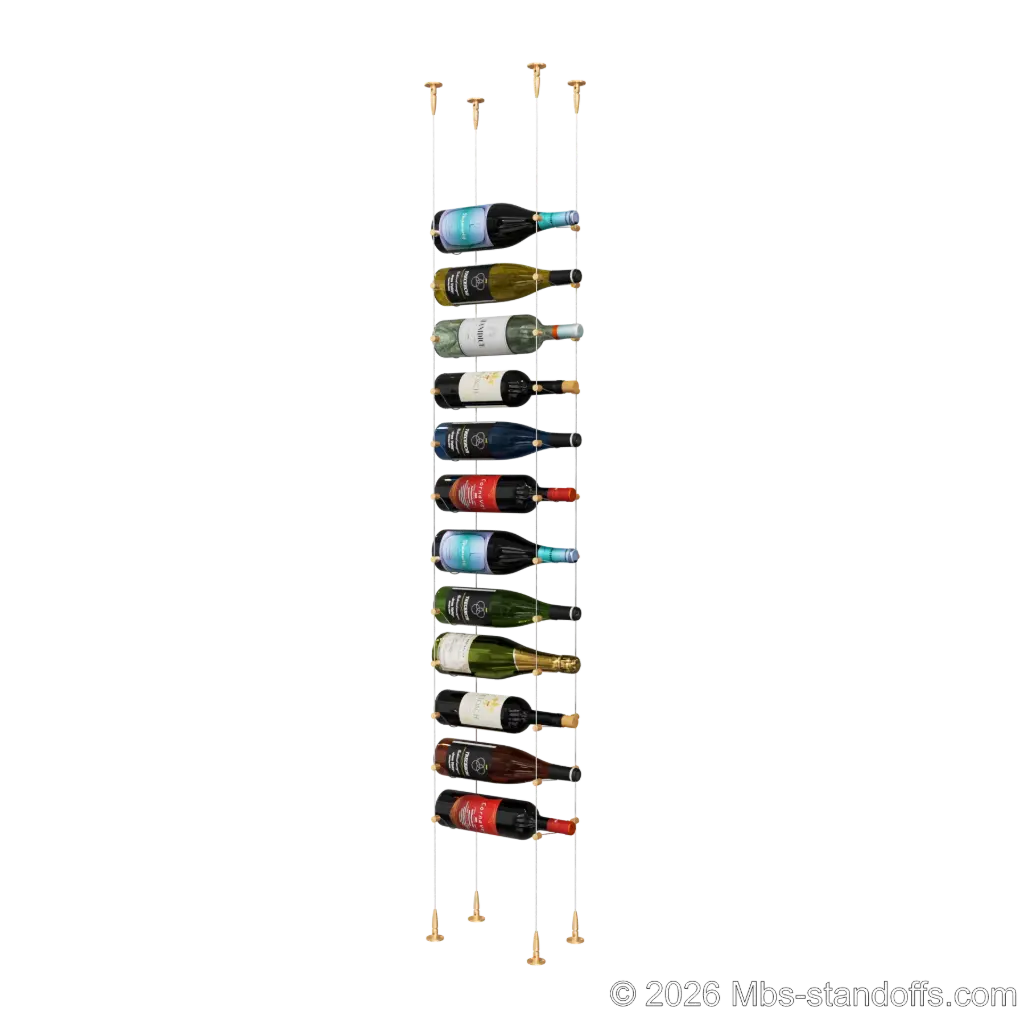 Cabernet - Bourgueil Collection Bottle Display Cable Kit, 12-Bottle Capacity, Floating Adjustable-Angle Aluminum Signature System, Cable: 1/16″ Diameter, 13′-1″ Length with Champagne Anodized Hanger
