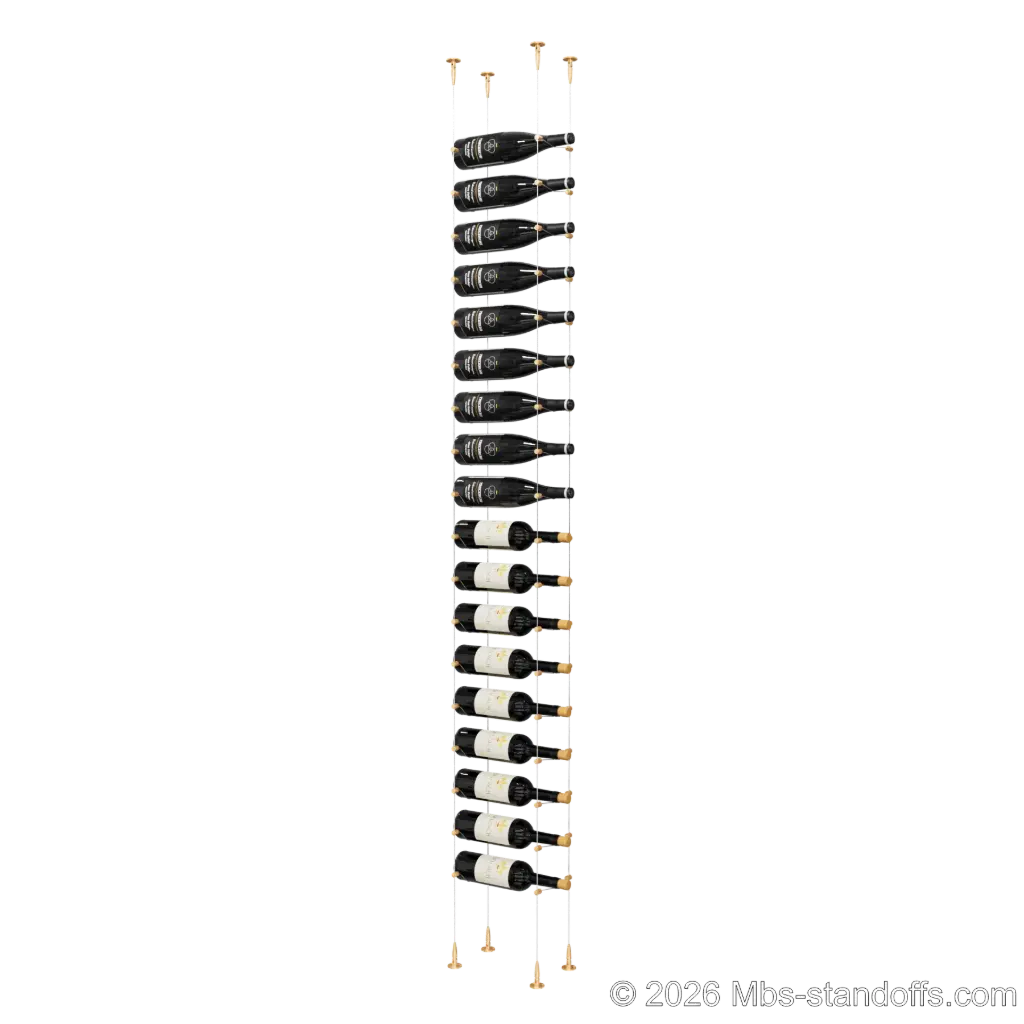 Cabernet - Bourgueil Collection Bottle Display Cable Kit, 18-Bottle Capacity, Floating Adjustable-Angle Aluminum Signature System, Cable: 1/16″ Diameter, 13′-1″ Length with Champagne Anodized Hanger