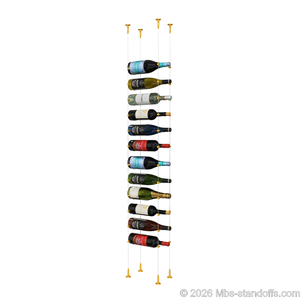 Cabernet - Bourgueil Collection Bottle Display Cable Kit, 12-Bottle Capacity, Floating Adjustable-Angle Aluminum Signature System, Cable: 1/16″ Diameter, 13′-1″ Length with Gold Anodized Hanger