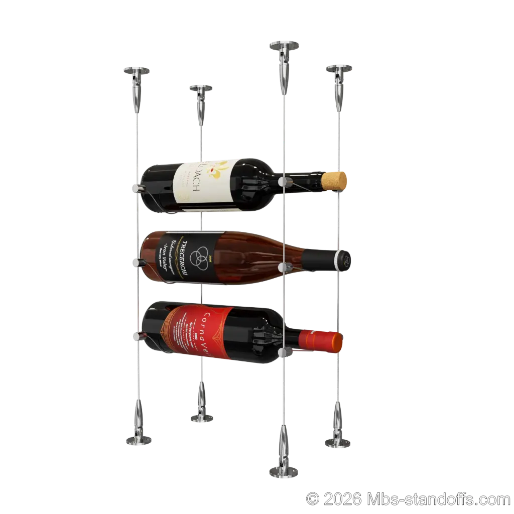 Cabernet - Bourgueil Collection Bottle Display Cable Kit, 3-Bottle Capacity, Floating Adjustable-Angle Aluminum Signature System, Cable: 1/16″ Diameter, 13′-1″ Length with Chrome Mirror Hanger