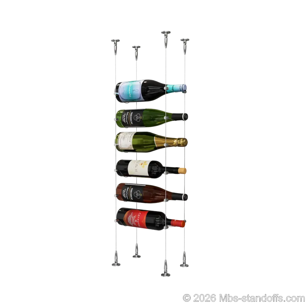 Cabernet - Bourgueil Collection Bottle Display Cable Kit, 6-Bottle Capacity, Floating Adjustable-Angle Aluminum Signature System, Cable: 1/16″ Diameter, 13′-1″ Length with Chrome Mirror Hanger