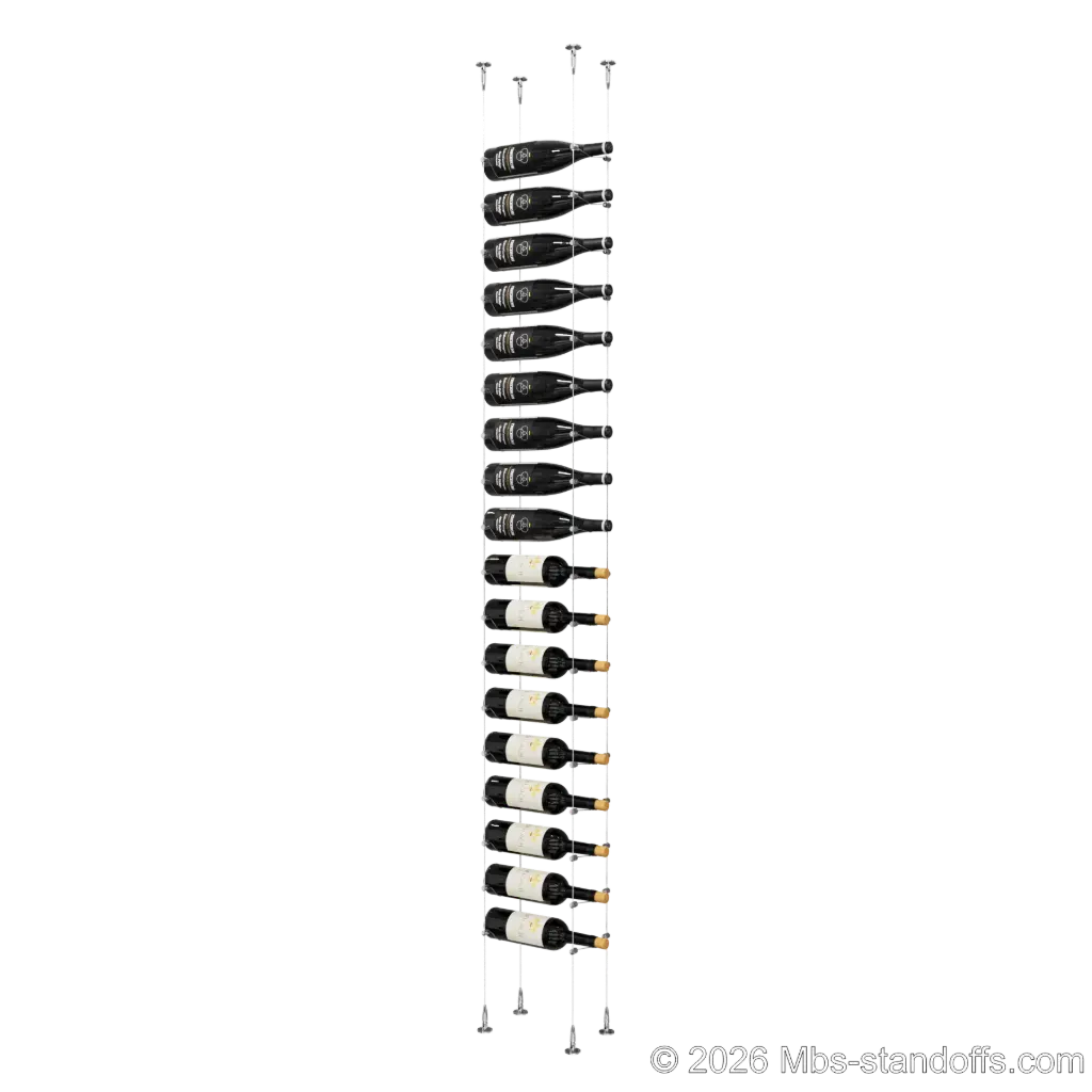 Cabernet - Bourgueil Collection Bottle Display Cable Kit, 18-Bottle Capacity, Floating Adjustable-Angle Aluminum Signature System, Cable: 1/16″ Diameter, 13′-1″ Length with Chrome Mirror Hanger