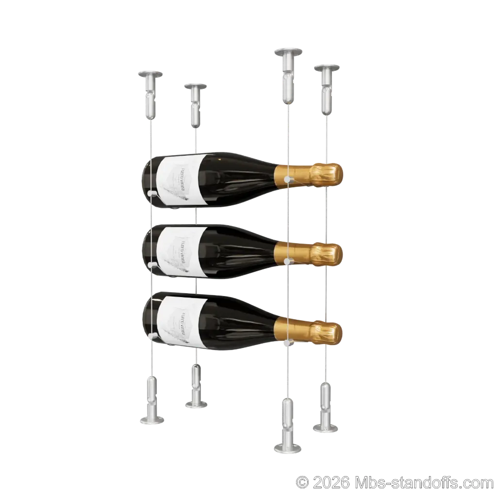 Cabernet - Chinon Collection Bottle Display Cable Kit, 3-Bottle Capacity, Floating Adjustable-Angle Aluminum Cable System, Cable: 1/16″ Diameter, 13′-1″ Length with Clear Anodized Hanger