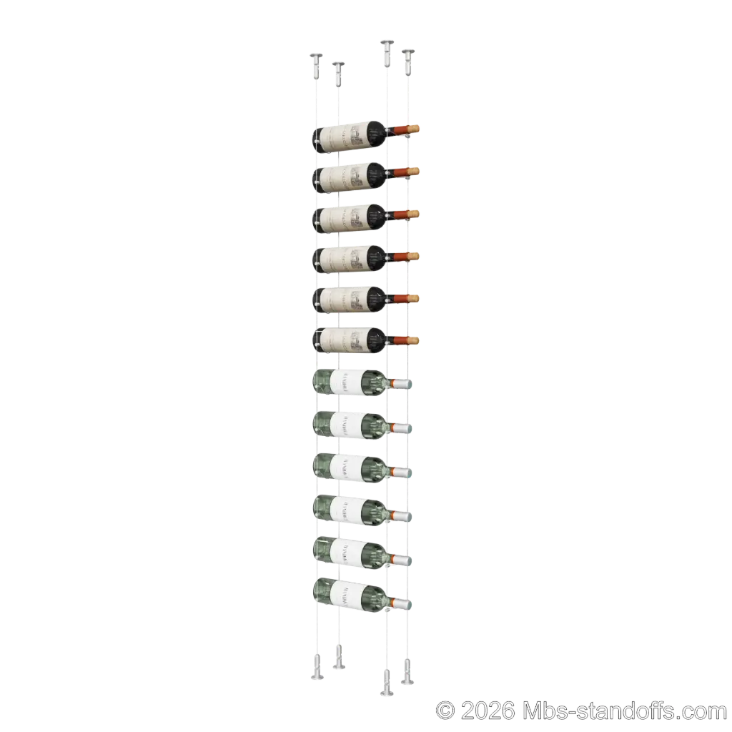 Cabernet - Chinon Collection Bottle Display Cable Kit, 12-Bottle Capacity, Floating Adjustable-Angle Aluminum Cable System, Cable: 1/16″ Diameter, 13′-1″ Length with Clear Anodized Hanger