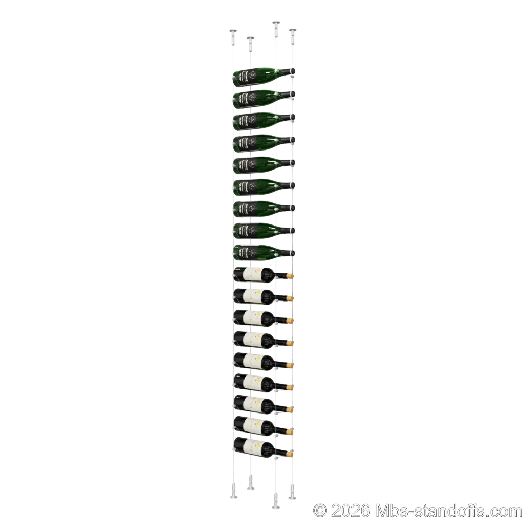 Cabernet - Chinon Collection Bottle Display Cable Kit, 18-Bottle Capacity, Floating Adjustable-Angle Aluminum Cable System, Cable: 1/16″ Diameter, 13′-1″ Length with Clear Anodized Hanger
