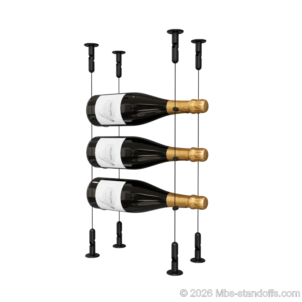 Cabernet - Chinon Collection Bottle Display Cable Kit, 3-Bottle Capacity, Floating Adjustable-Angle Aluminum Cable System, Cable: 1/16″ Diameter, 13′-1″ Length with Matte Black Anodized Hanger