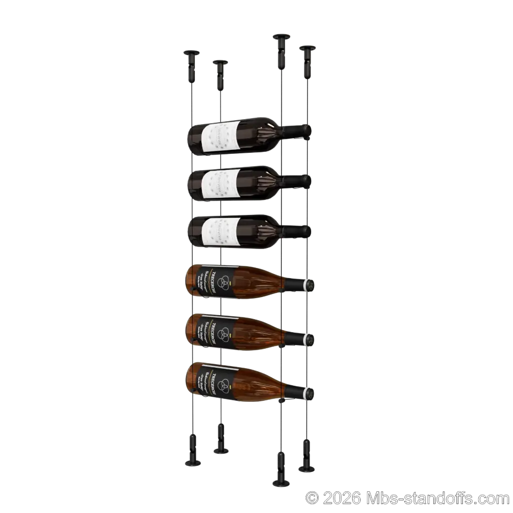 Cabernet - Chinon Collection Bottle Display Cable Kit, 6-Bottle Capacity, Floating Adjustable-Angle Aluminum Cable System, Cable: 1/16″ Diameter, 13′-1″ Length with Matte Black Anodized Hanger