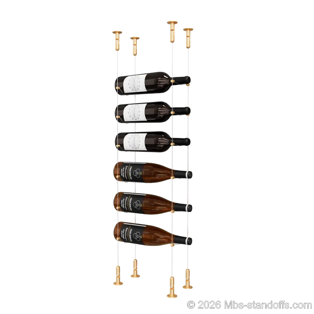 Cabernet - Chinon Collection Bottle Display Cable Kit, 6-Bottle Capacity, Floating Adjustable-Angle Aluminum Cable System, Cable: 1/16″ Diameter, 13′-1″ Length with Champagne Anodized Hanger