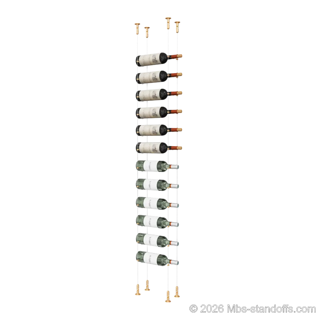 Cabernet - Chinon Collection Bottle Display Cable Kit, 12-Bottle Capacity, Floating Adjustable-Angle Aluminum Cable System, Cable: 1/16″ Diameter, 13′-1″ Length with Champagne Anodized Hanger