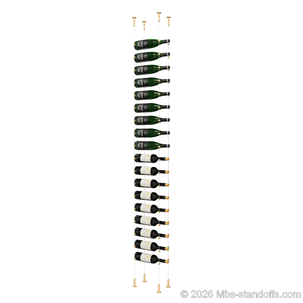 Cabernet - Chinon Collection Bottle Display Cable Kit, 18-Bottle Capacity, Floating Adjustable-Angle Aluminum Cable System, Cable: 1/16″ Diameter, 13′-1″ Length with Champagne Anodized Hanger