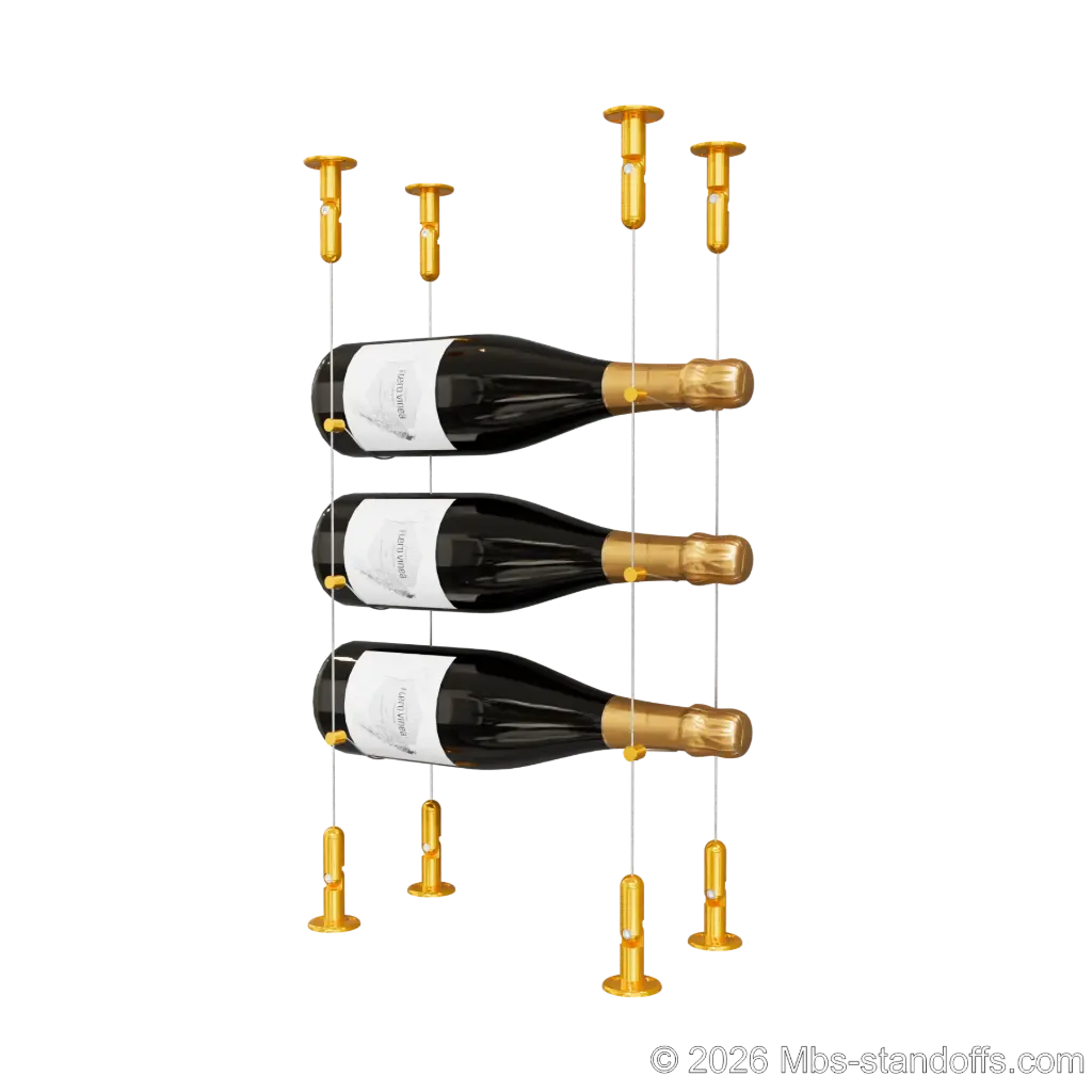 Cabernet - Chinon Collection Bottle Display Cable Kit, 3-Bottle Capacity, Floating Adjustable-Angle Aluminum Cable System, Cable: 1/16″ Diameter, 13′-1″ Length with Gold Anodized Hanger
