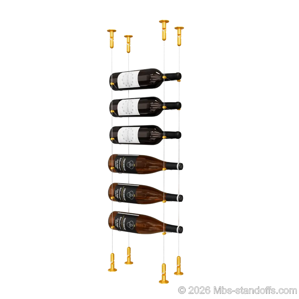 Cabernet - Chinon Collection Bottle Display Cable Kit, 6-Bottle Capacity, Floating Adjustable-Angle Aluminum Cable System, Cable: 1/16″ Diameter, 13′-1″ Length with Gold Anodized Hanger