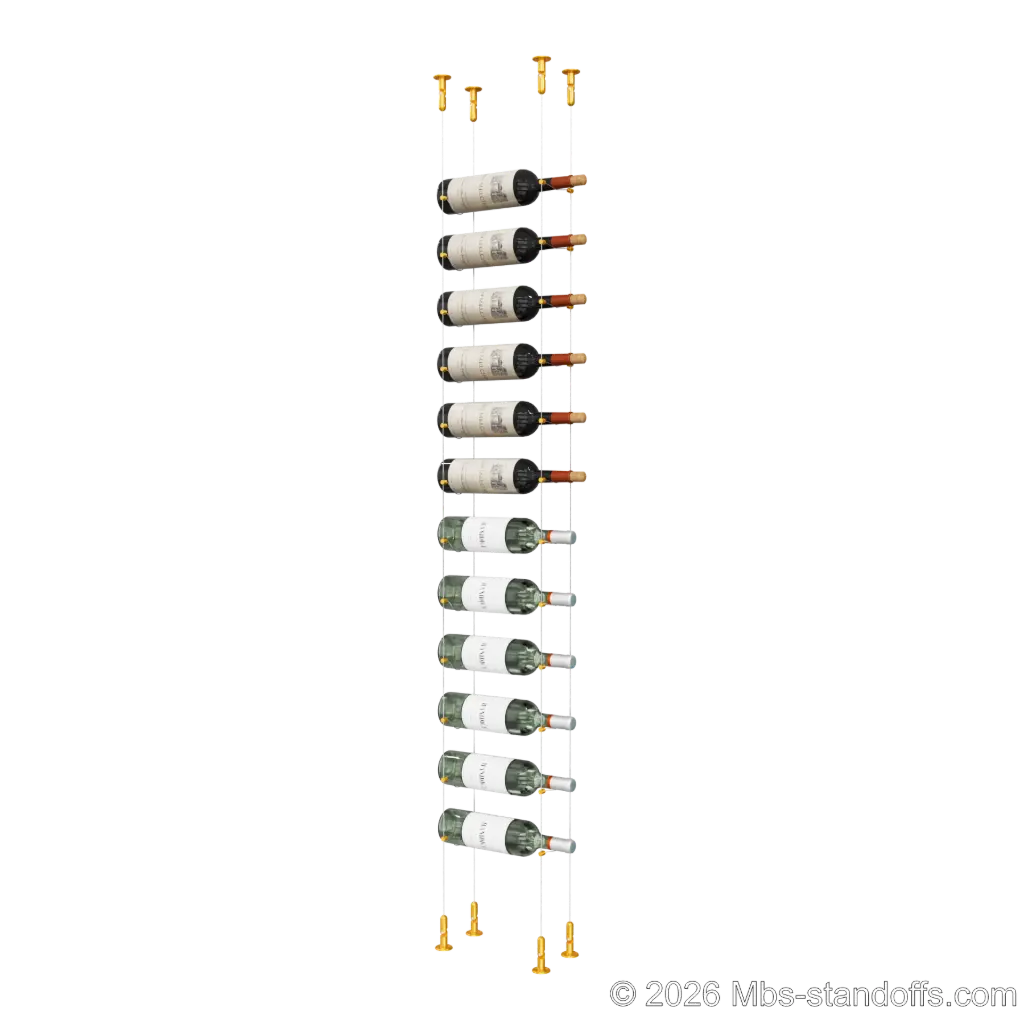 Cabernet - Chinon Collection Bottle Display Cable Kit, 12-Bottle Capacity, Floating Adjustable-Angle Aluminum Cable System, Cable: 1/16″ Diameter, 13′-1″ Length with Gold Anodized Hanger