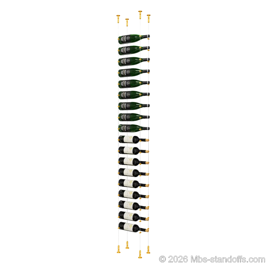 Cabernet - Chinon Collection Bottle Display Cable Kit, 18-Bottle Capacity, Floating Adjustable-Angle Aluminum Cable System, Cable: 1/16″ Diameter, 13′-1″ Length with Gold Anodized Hanger
