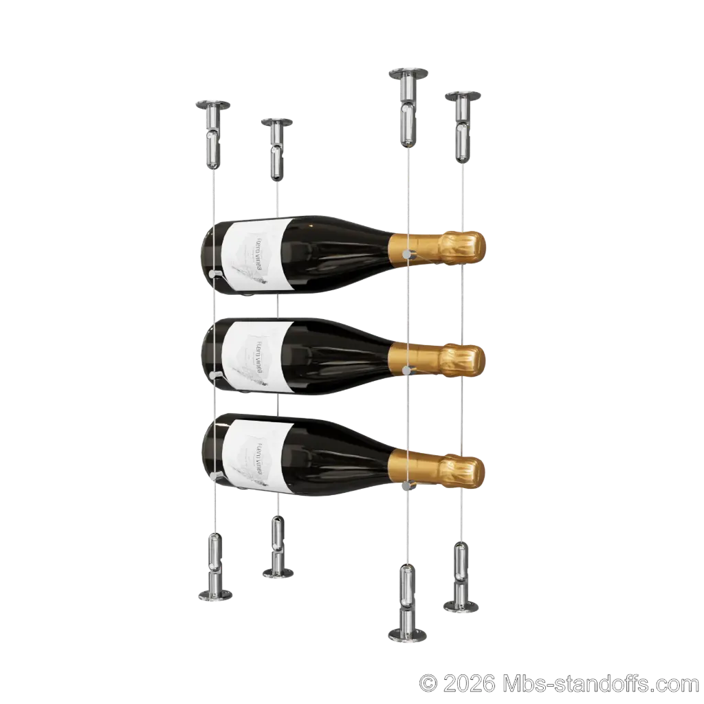 Cabernet - Chinon Collection Bottle Display Cable Kit, 3-Bottle Capacity, Floating Adjustable-Angle Aluminum Cable System, Cable: 1/16″ Diameter, 13′-1″ Length with Chrome Mirror Hanger