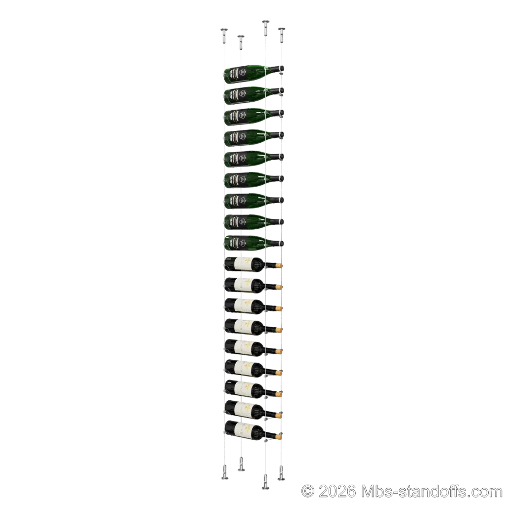Cabernet - Chinon Collection Bottle Display Cable Kit, 18-Bottle Capacity, Floating Adjustable-Angle Aluminum Cable System, Cable: 1/16″ Diameter, 13′-1″ Length with Chrome Mirror Hanger