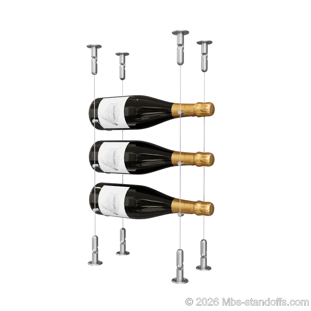 Cabernet - Chinon Collection Bottle Display Cable Kit, 3-Bottle Capacity, Floating Adjustable-Angle Stainless Steel Cable System, Cable: 1/16″ Diameter, 13′-1″ Length with Satin Brushed Hanger