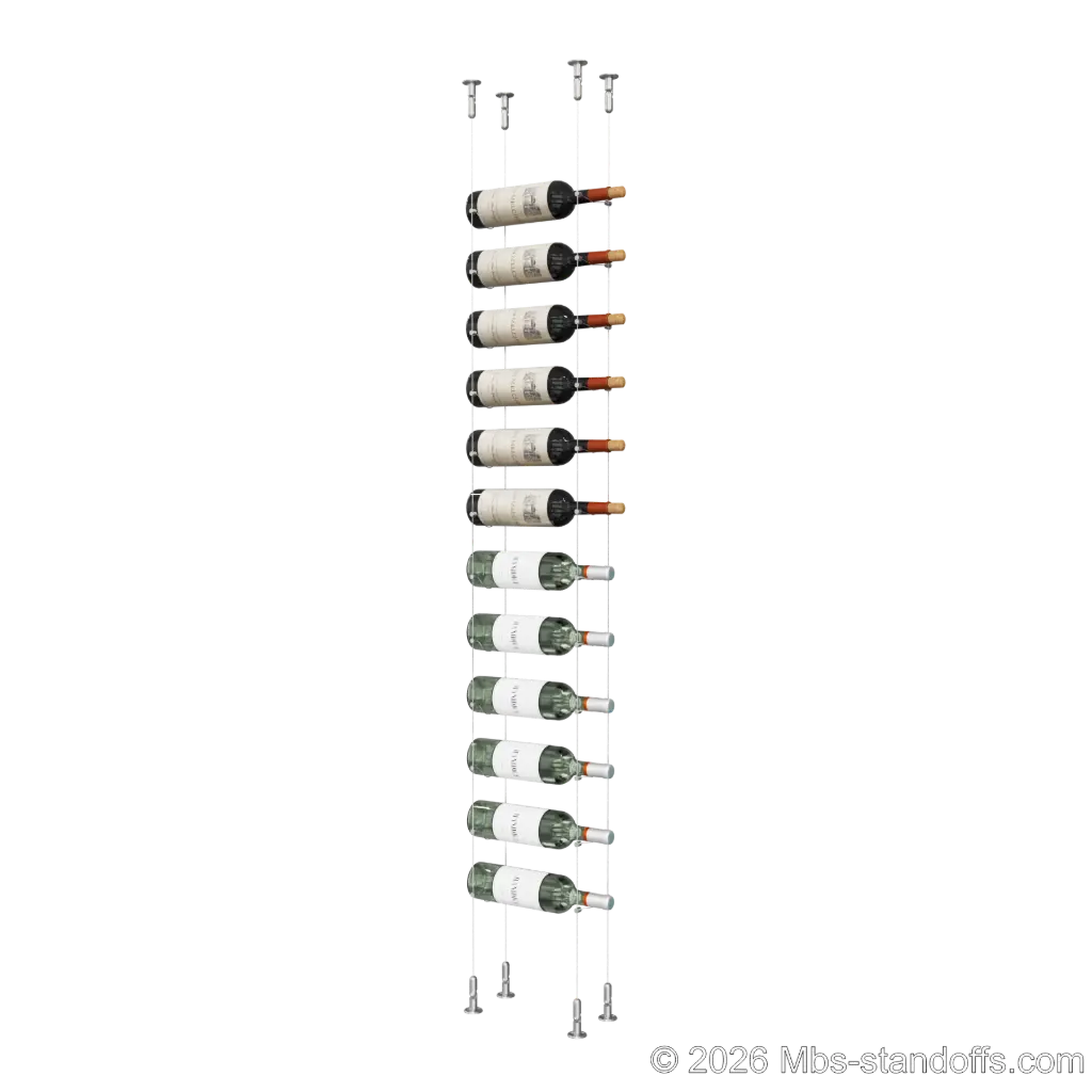 Cabernet - Chinon Collection Bottle Display Cable Kit, 12-Bottle Capacity, Floating Adjustable-Angle Stainless Steel Cable System, Cable: 1/16″ Diameter, 13′-1″ Length with Satin Brushed Hanger
